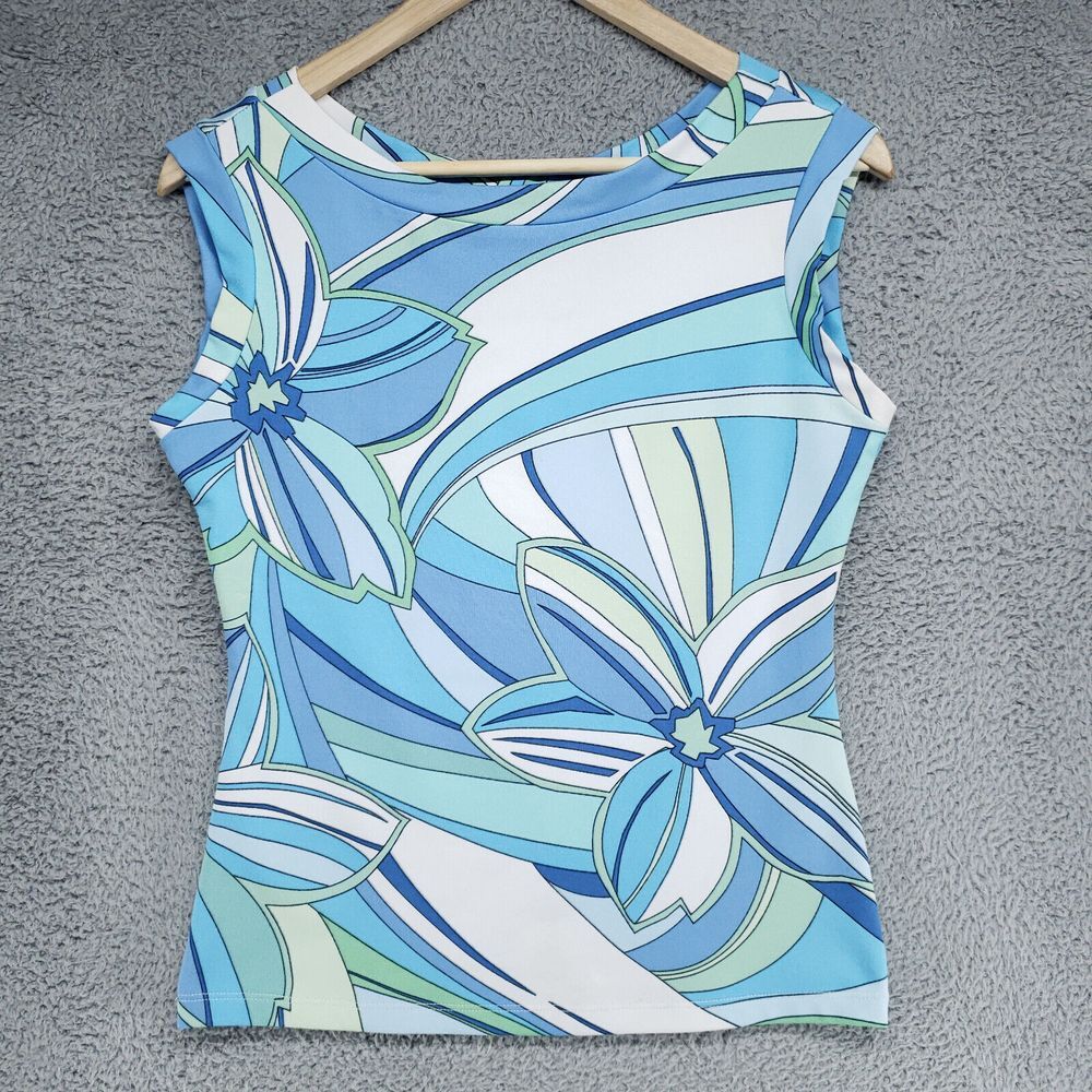 New York & Company Women XS Shirt Tank Stretch Sleeveless Blue Green Abstract
